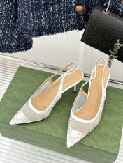 GG HIGH SLINGBACK 8.5 CM IN WHITE CLASSIC POINTED-TOE MESH WITH RHINESTONE EMBELLISHMENTS