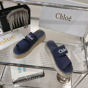 MILA PLATFORM 5 CM IN NAVY BLUE FABRIC AND BEIGE RAFFIA