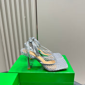 STRETCH HIGH HEELS 9 CM IN SILVER METALLIZE MESH AND LEATHER