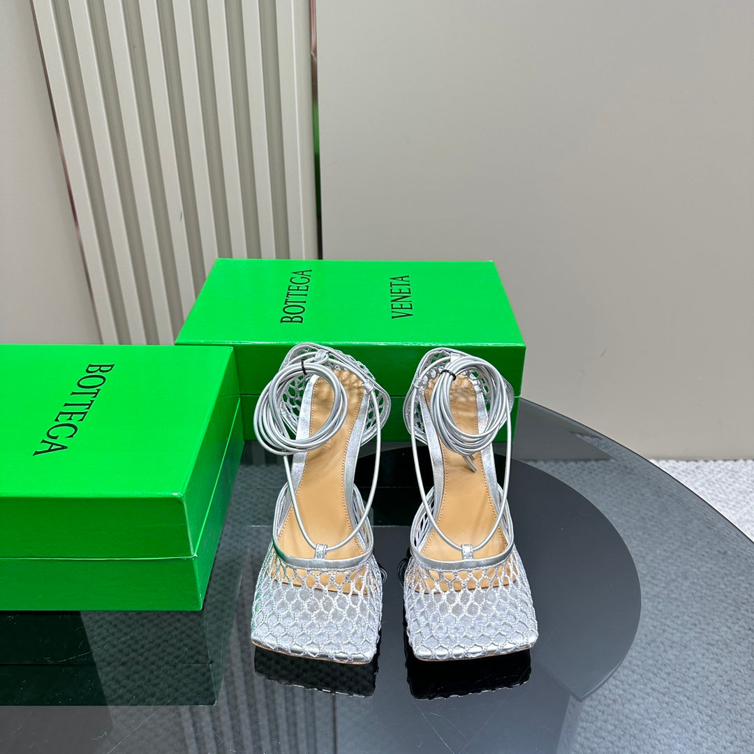 STRETCH HIGH HEELS 9 CM IN SILVER METALLIZE MESH AND LEATHER