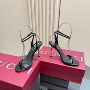 STRAP HIGH BAMBOO-EFFECT HEEL SANDAL IN BLACK PATENT CALFSKIN