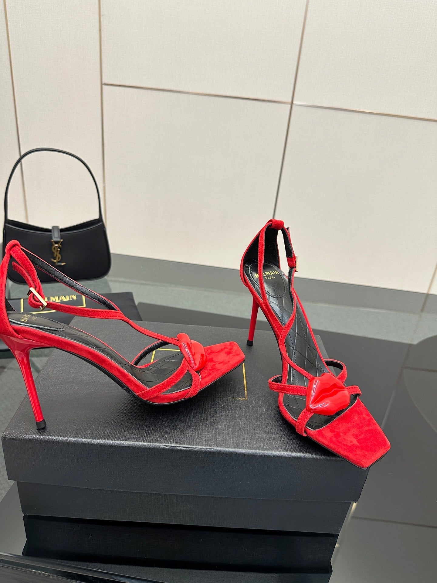 BALMAIN 25S LIPS SANDALS 10 IN CRIMSON RED SUEDE