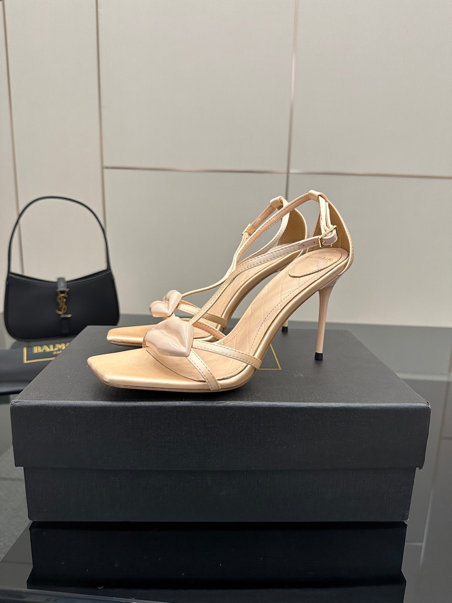 BALMAIN 25S LIPS SANDALS 10 IN BLUSH BEIGE SATIN