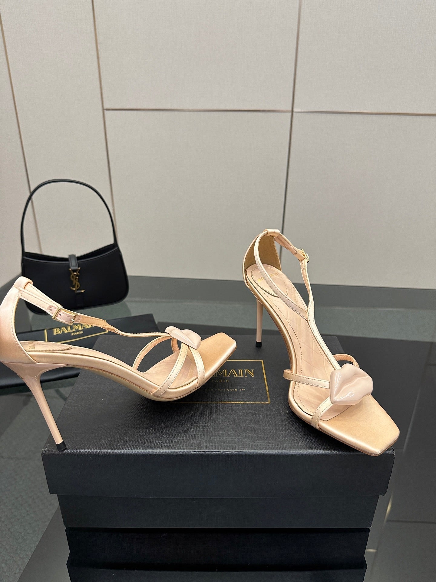 BALMAIN 25S LIPS SANDALS 10 IN BLUSH BEIGE SATIN