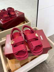 VELCRO STRAP SANDALS IN BRICK RED MONOGRAM CANVAS GOLD HARDWARE