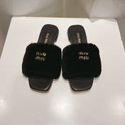 MIUMIU 26S SQUARE-TOE SANDALS IN BLACK SHEARLING AND LEATHER
