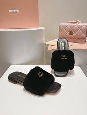 MIUMIU 26S SQUARE-TOE SANDALS IN BLACK SHEARLING AND LEATHER