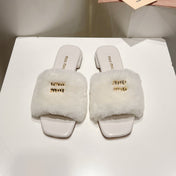 MIUMIU 26S SQUARE-TOE SANDALS IN CREAM WHITE SHEARLING AND LEATHER