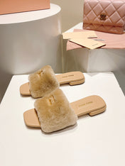 MIUMIU 26S SQUARE-TOE SANDALS IN BEIGE SHEARLING AND LEATHER