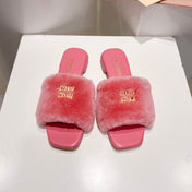 MIUMIU 26S SQUARE-TOE SANDALS IN PINK SHEARLING AND LEATHER