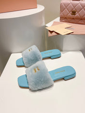MIUMIU 26S SQUARE-TOE SANDALS IN SKY BLUE SHEARLING AND LEATHER