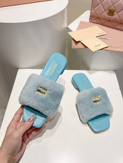 MIUMIU 26S SQUARE-TOE SANDALS IN SKY BLUE SHEARLING AND LEATHER