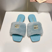 MIUMIU 26S SQUARE-TOE SANDALS IN SKY BLUE SHEARLING AND LEATHER