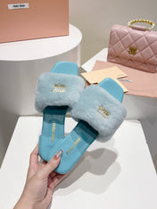MIUMIU 26S SQUARE-TOE SANDALS IN SKY BLUE SHEARLING AND LEATHER
