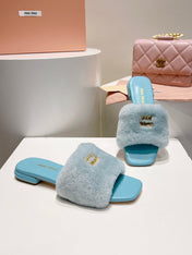 MIUMIU 26S SQUARE-TOE SANDALS IN SKY BLUE SHEARLING AND LEATHER