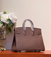 KELLY SELLIER 25 BAG IN PEACAN BROWN OSTRICH LEATHER WITH GOLD RHINSTONES