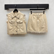VLTN DENIM VEST SET WITH SLEEVELESS TOP AND LACE-TRIMMED MINI SKIRT