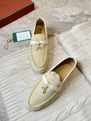 SUMMER WALK LOAFERS BEIGE SUEDE GOLD PADLOCK CHARM
