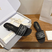 DIOR 26S BLOCK HEEL SLIDE SANDALS IN BLACK CRYSTAL-EMBROIDERED CANVAS