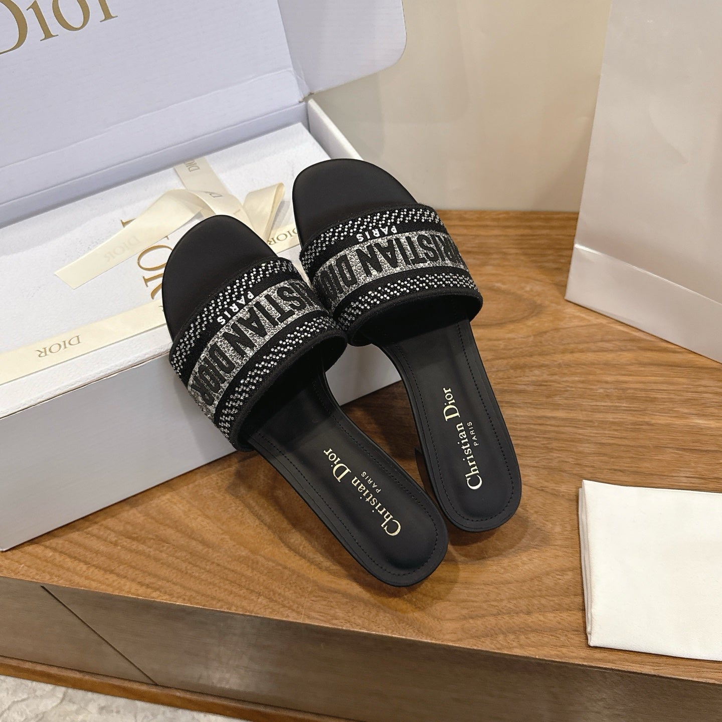 DIOR 26S BLOCK HEEL SLIDE SANDALS IN BLACK CRYSTAL-EMBROIDERED CANVAS