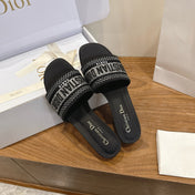 DIOR 26S BLOCK HEEL SLIDE SANDALS IN BLACK CRYSTAL-EMBROIDERED CANVAS