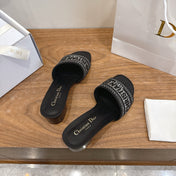 DIOR 26S BLOCK HEEL SLIDE SANDALS IN BLACK CRYSTAL-EMBROIDERED CANVAS
