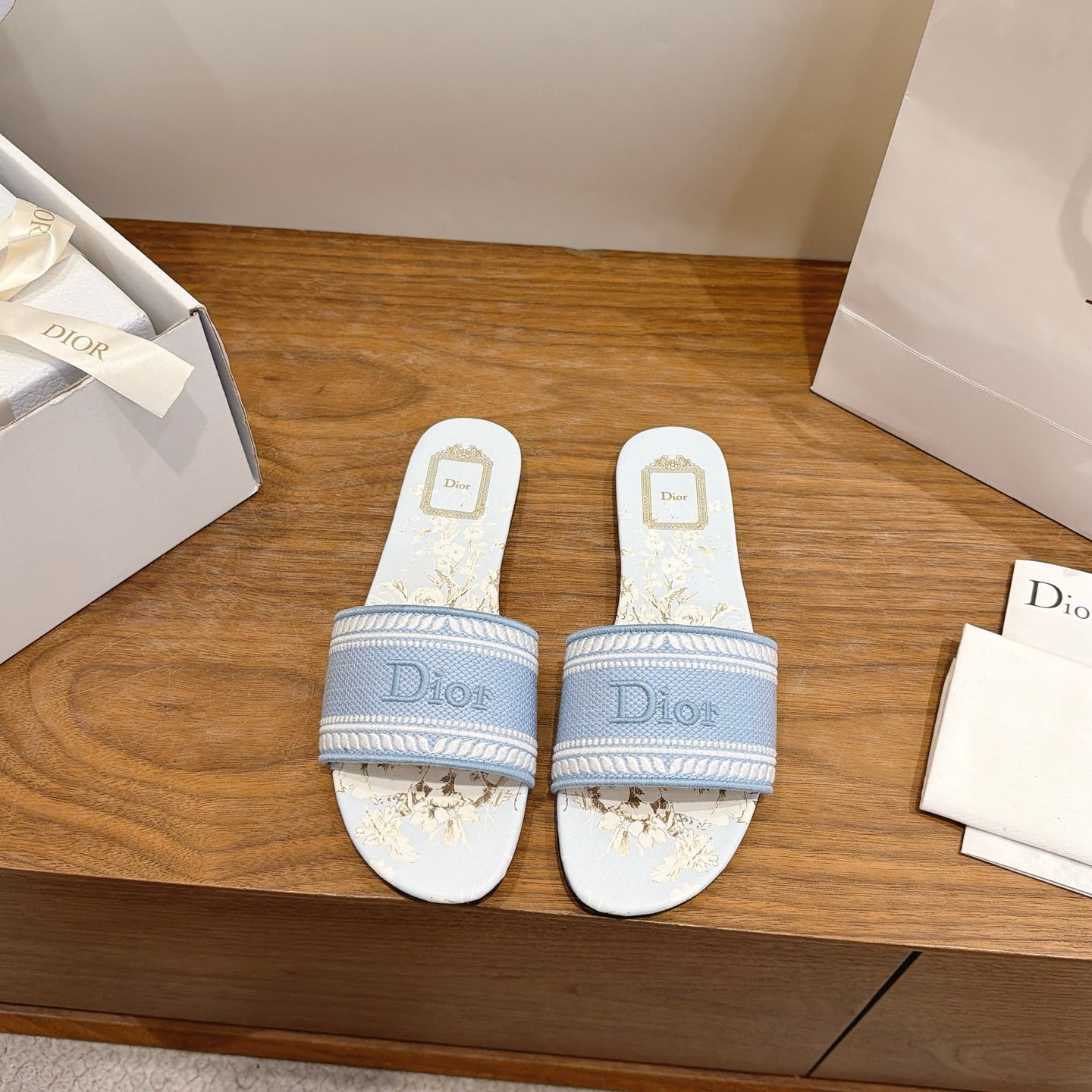 DIOR 26S FLAT SLIDE SANDALS IN LIGHT BLUE CANVAS