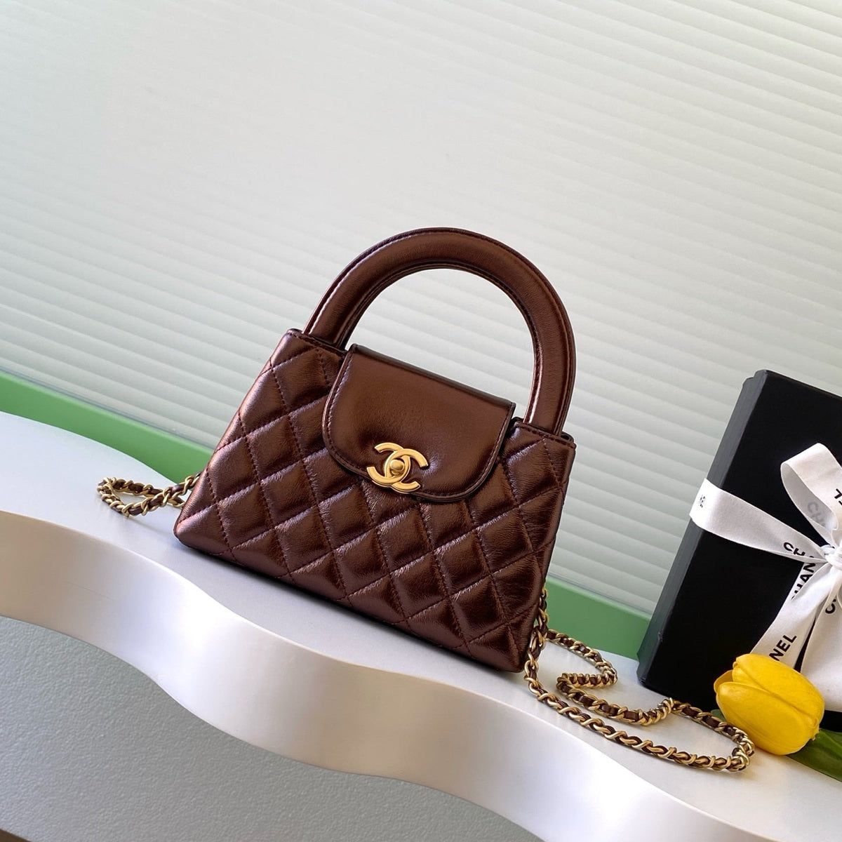 CHANEL 25S MINI KELLY BAG 19 IN BROWN METALLIC LAMBSKIN WITH GOLD HARDWARE