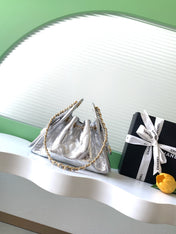 CHANEL 26S HOBO BAG 22 IN SILVER METALLIC CRINKLED CALFSKIN GOLD HARDWARE