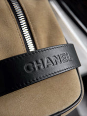 CHANEL 26S LARGE ZIP POUCH BAG 29 IN DARK BEIGE SUEDE AND CALFSKIN SILVER HARDWARE