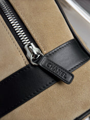 CHANEL 26S LARGE ZIP POUCH BAG 29 IN DARK BEIGE SUEDE AND CALFSKIN SILVER HARDWARE
