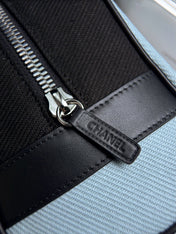 CHANEL 26S LARGE ZIP POUCH BAG 29 IN LIGHT BLUE CANVAS AND CALFSKIN SILVER HARDWARE