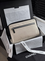 CHANEL 26S LARGE ZIP POUCH BAG 29 IN BEIGE CANVAS AND CALFSKIN SILVER HARDWARE