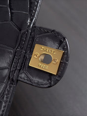 CHANEL 26S WALLET ON CHAIN 22 IN CHARCOAL GRAY CROCODILE-EMBOSSED CALFSKIN GOLD HARDWARE