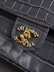 CHANEL 26S WALLET ON CHAIN 22 IN CHARCOAL GRAY CROCODILE-EMBOSSED CALFSKIN GOLD HARDWARE