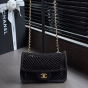 CHANEL 26S SMALL CLASSIC FLAP BAG 21 IN BLACK OPEN-WEAVE CROCHET GOLD HARDWARE