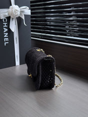 CHANEL 26S SMALL CLASSIC FLAP BAG 21 IN BLACK OPEN-WEAVE CROCHET GOLD HARDWARE