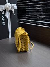 CHANEL 26S SMALL CLASSIC FLAP BAG 21 IN YELLOW OPEN-WEAVE CROCHET GOLD HARDWARE