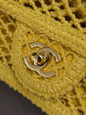 CHANEL 26S SMALL CLASSIC FLAP BAG 21 IN YELLOW OPEN-WEAVE CROCHET GOLD HARDWARE