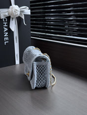 CHANEL 26S SMALL CLASSIC FLAP BAG 21 IN LIGHT BLUE OPEN-WEAVE CROCHET GOLD HARDWARE