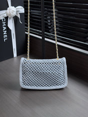 CHANEL 26S SMALL CLASSIC FLAP BAG 21 IN LIGHT BLUE OPEN-WEAVE CROCHET GOLD HARDWARE