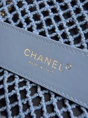 CHANEL 26S SMALL CLASSIC FLAP BAG 21 IN LIGHT BLUE OPEN-WEAVE CROCHET GOLD HARDWARE