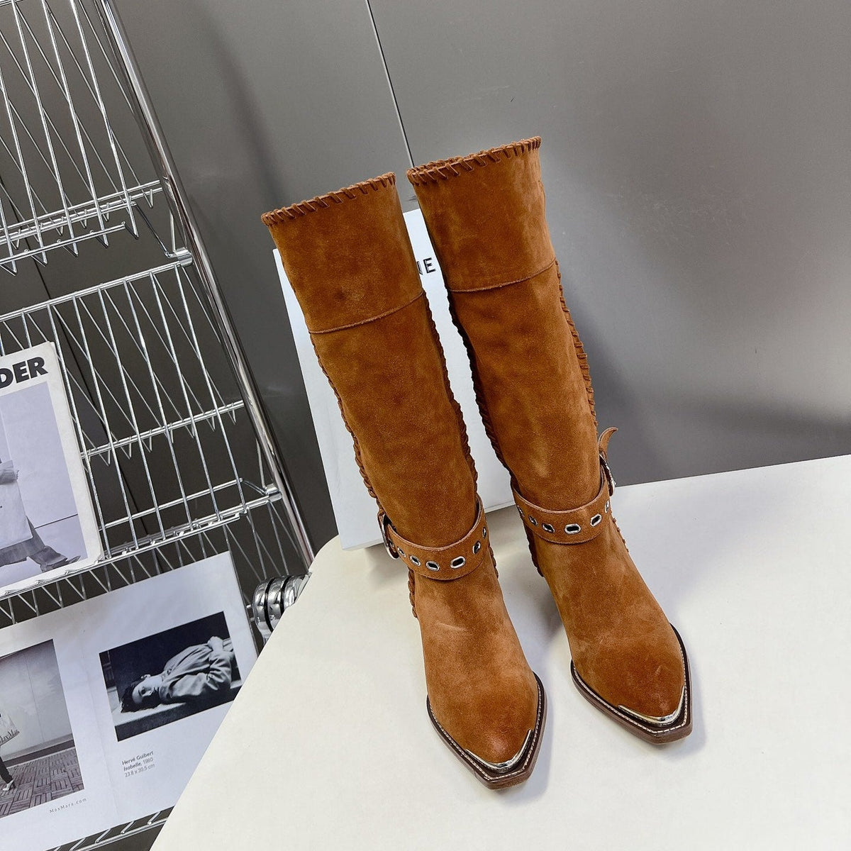 CELINE 25S BULKY LACED UP BOOTS 45MM IN BURNT ORANGE SUEDE