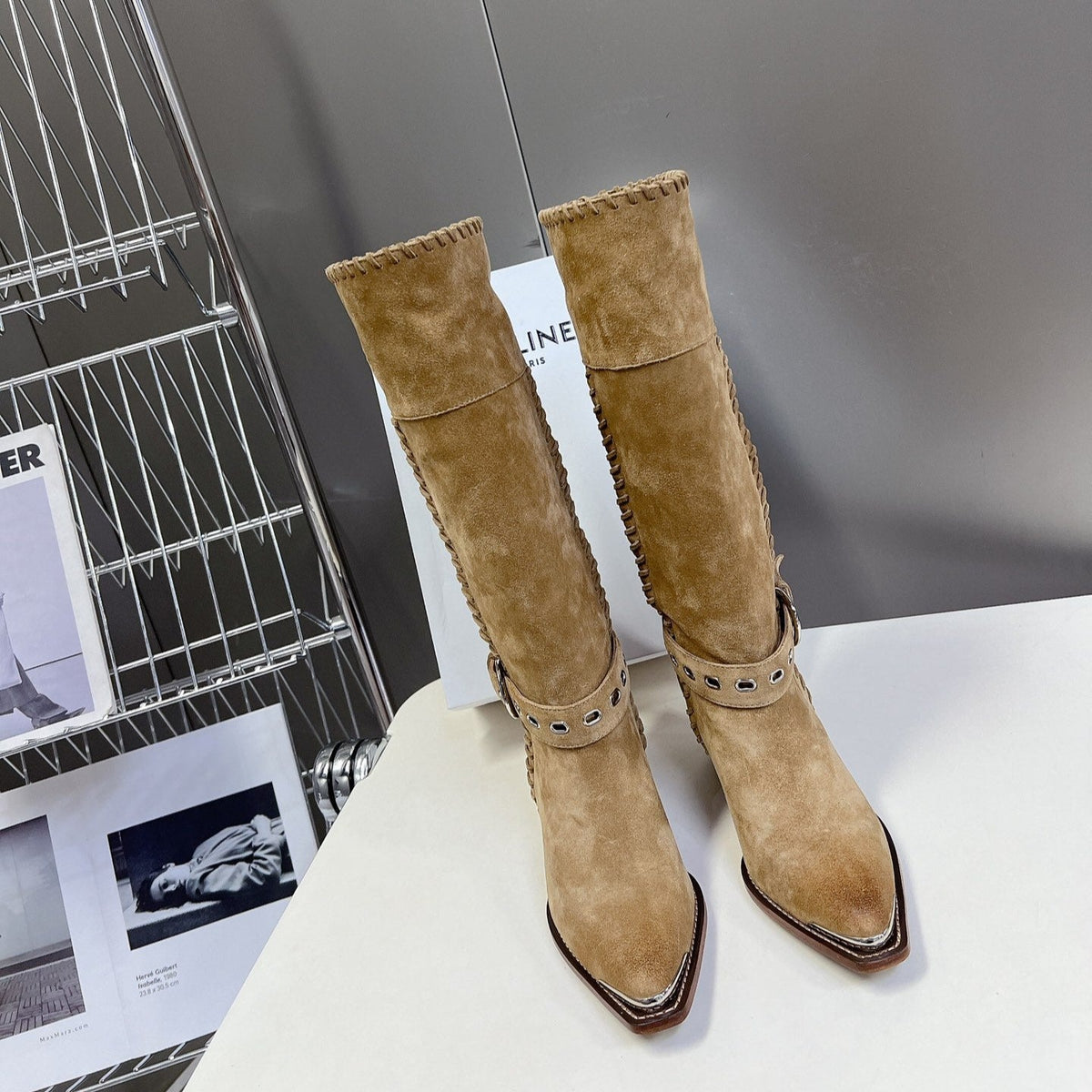 CELINE 25S BULKY LACED UP BOOTS 45MM IN LIGHT BROWN SUEDE