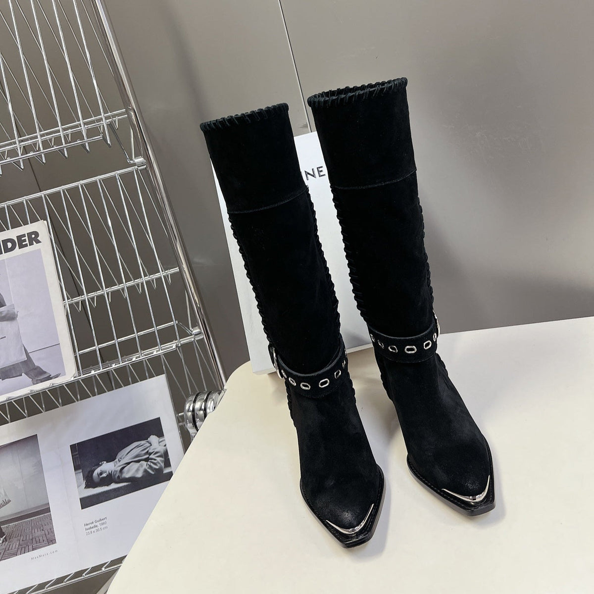 CELINE 25S BULKY LACED UP BOOTS 45MM IN BLACK SUEDE