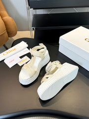 CHLOÉ NAMA WEDGE SANDALS IN BEIGE FABRIC AND WHITE RUBBER