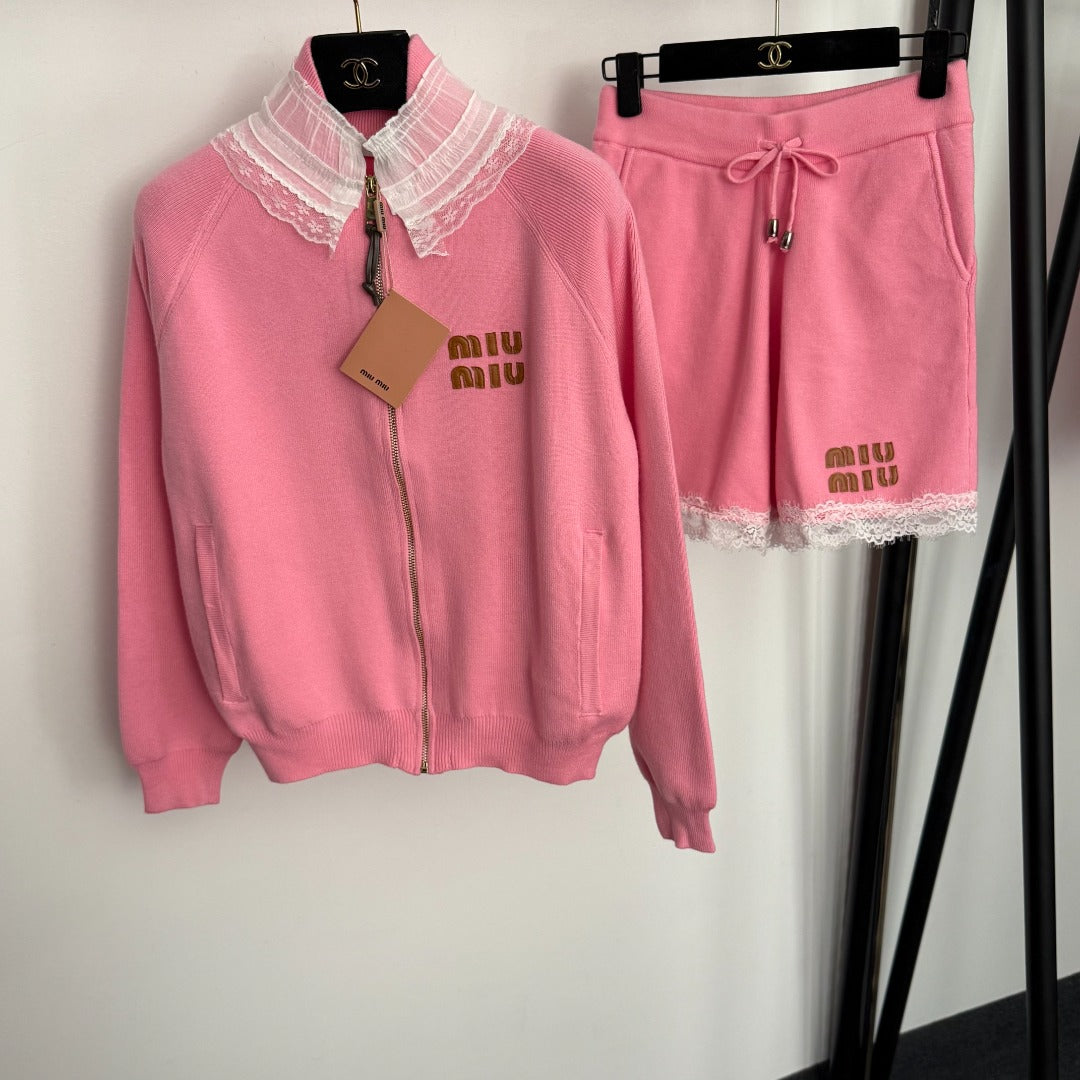 MIUMIU KNIT CARDIGAN AND SHORTS SET STYLE 625