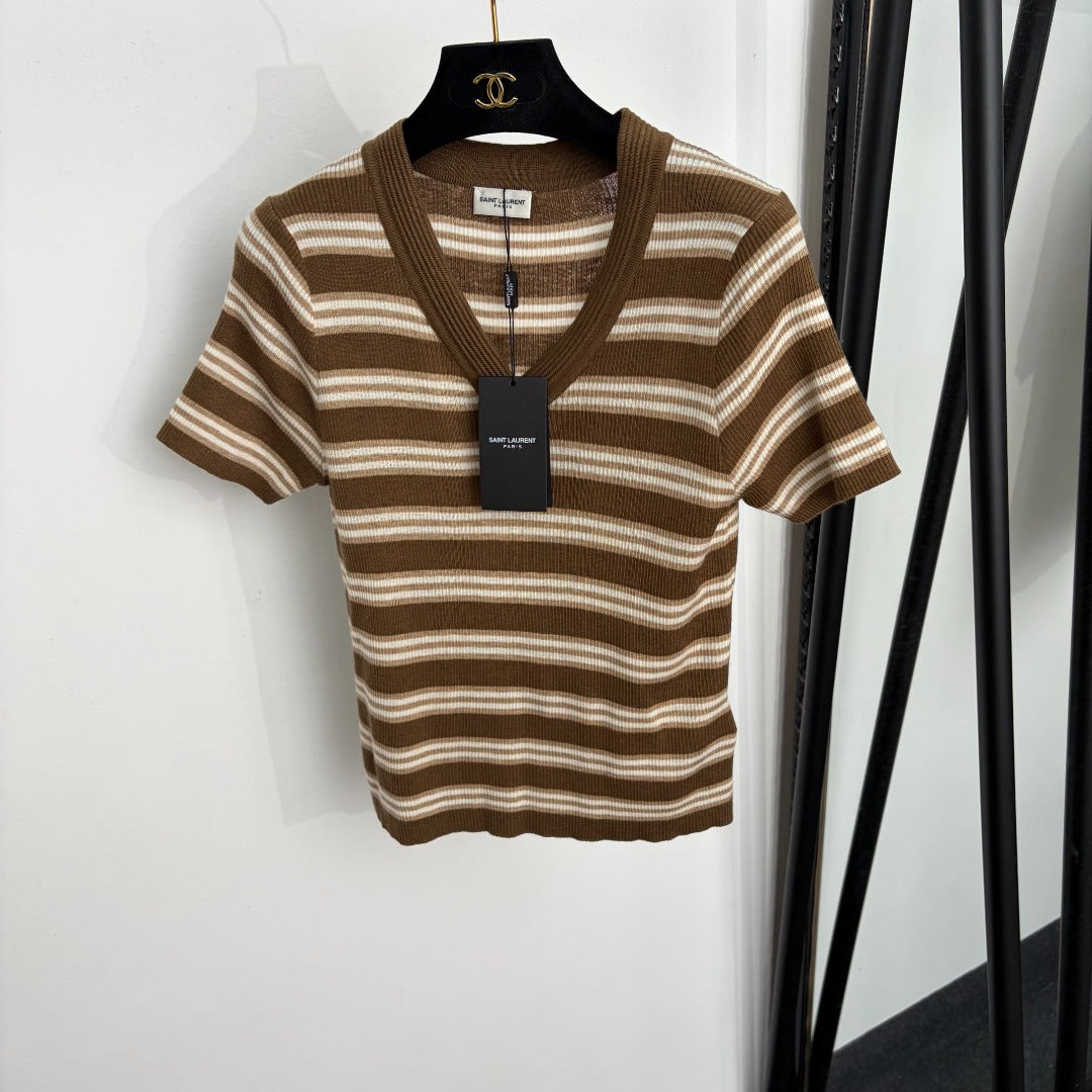 YSL 26S SHORT-SLEEVE V-NECK KNIT TOP 501