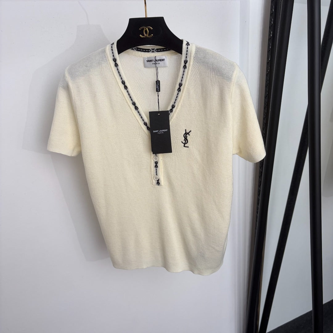 YSL 26S SHORT-SLEEVE V-NECK KNIT TOP 499