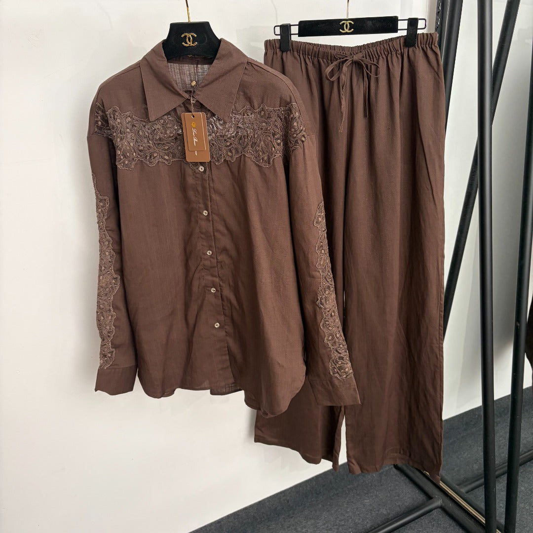 LORO PIANA 26S LACE-TRIM SHIRT PANTS SET 998